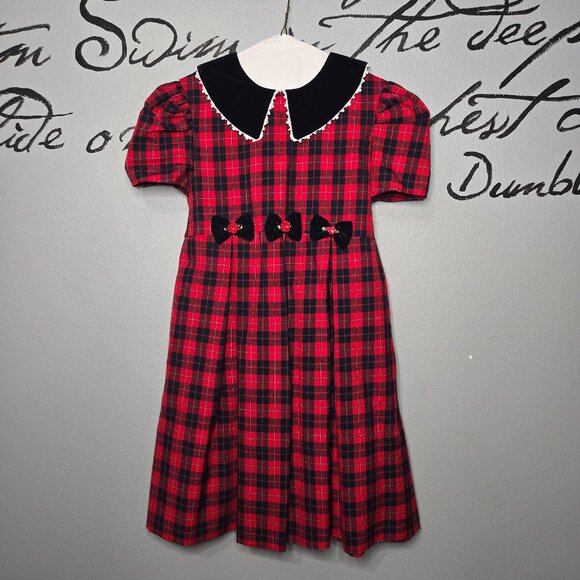 Bonnie Jean Vintage Girls Red Black Plaid Maxi Dress Velvet, YM